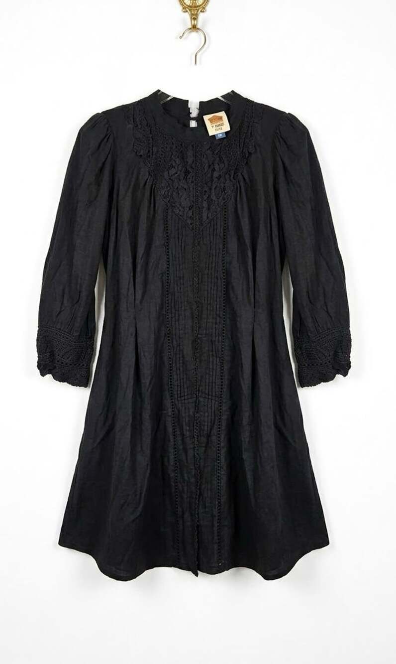 Farm For Anthropologie Dress Size M Black Midi Lace Accents Long Sleeve